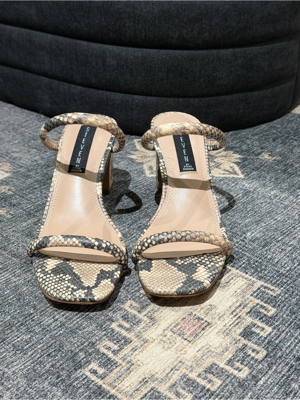 STEVEN STEVE MADDEN Tan Snake-Print Strappy Block Heel Sandals